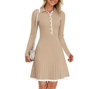 MEROKEETY Women's Fall Long Sleeve Pleated Knit Work Sweater Mini Dress, Khaki, L
