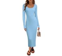 MEROKEETY Women's Fall Long Sleeve Sweater Dress Casual Ribbed Knit Slim Fit Bodycon Maxi Dresses, Lightblue, M