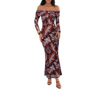 Merokeety Women's Fall Off Shoulder Floral Maxi Dresses Formal Long Sleeve Bodycon Cocktail Wedding Guest Dress, Brown, M