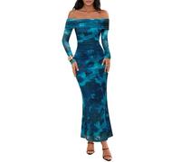MEROKEETY Women's Fall Off Shoulder Floral Maxi Dresses Formal Long Sleeve Bodycon Cocktail Wedding Guest Dress, Teal, L