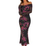 MEROKEETY Women's Fall Off Shoulder Floral Maxi Dresses Formal Long Sleeve Bodycon Cocktail Wedding Guest Dress, Black, M