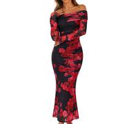 MEROKEETY Women's Fall Off Shoulder Floral Maxi Dresses Formal Long Sleeve Bodycon Cocktail Wedding Guest Dress, Wine, S