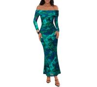 Merokeety Women's Fall Off Shoulder Floral Maxi Dresses Formal Long Sleeve Bodycon Cocktail Wedding Guest Dress, Green, M