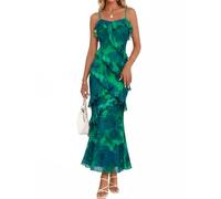 MEROKEETY Women's Floral Maxi Dress 2026 Summer Beach Spaghetti Strap Ruffle Bodycon Wedding Guest Cocktail Long Dresses, Green, XL