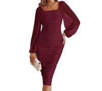 Merokeety Women's Long Puff Sleeve Ruched Bodycon Dress Square Neck Mesh Cocktail Party Midi Dresses, Wine Red, XL