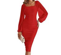 Merokeety Women's Long Puff Sleeve Ruched Bodycon Dress Square Neck Mesh Cocktail Party Midi Dresses, Red, M