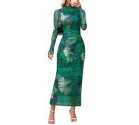 Merokeety Women's Long Sleeve Fall Wedding Guest Dress 2025 Bodycon Floral Mesh Ruched Cocktail Maxi Dresses, Green, XL