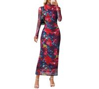 Merokeety Women's Long Sleeve Fall Wedding Guest Dress 2025 Bodycon Floral Mesh Ruched Cocktail Maxi Dresses, Neon, XL
