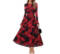 Merokeety Women's Long Sleeve Fall Wedding Guest Dress 2025 Crewneck Floral Flowy Mesh Cocktail Maxi Dresses, Black Red, S