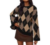 MEROKEETY Women's Long Sleeve Sweaters 2025 Fall Argyle Plaid Crewneck Loose Color Block Knit Pullover Tops, Black, M