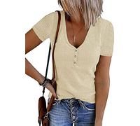 Merokeety Women's Short Sleeve V Neck Ribbed Knit Button T Shirts Henley Solid Color Summer Tops, Apricot, Medium