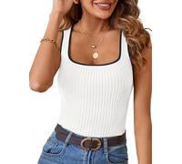 MEROKEETY Women's Sleeveless Square Neck Tank Tops 2025 Slim Fitted Color Block Knit Shirts Summer Basic Sweater Vest, White, L
