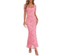 MEROKEETY Womens Summer Floral Wedding Guest Maxi Dress 2026 Cocktail Party | Formal, Bodycon, Short Sleeve, Square Neck, Flocked Mesh, Church, Baby Shower, Bridal Shower, Rehearsal Dinner, Long dresses