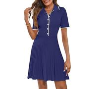 Merokeety Women's Summer Ribbed Knit Midi Dresses Short Sleeve V Neck Button A Line Swing Sweater Dress, Navy, S