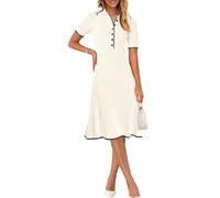 MEROKEETY Women's V Neck Ribbed Knit Midi Dress Short Sleeve Button Elegant Bodycon Sweater Dresses, Beige, M