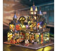 Merrifete DIY Miniature House Kit with Light, Dollhouse Kit - Wood 3D Puzzles Tiny House Book Nook for Adult Christmas Halloween Birthday Gift (Victorian Fantasy Steampunk Train Station Phantom City)