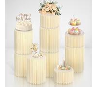 Merrifete Stacking-Block Design Cake Stands for Party, Customizable Height, Sturdy Cardboard Column with Acrylic Plate, Reusable Round Cylinder Stands for Party for Birthday, 9PCS, Milky White