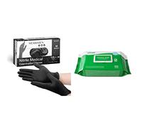 Merrimen Nitrile Gloves - BLACK | Disposable - Box of 100 | Latex & Powder Free & Clinell Universal Cleaning and Disinfectant Wipes for Surfaces (BCW200) - The Original Pack of 200 Regular Wipes