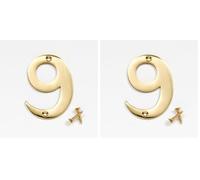 Merriway BH04235 Polished and Lacquered Solid Brass Screw-On House Flat Gate Post Numeral 75 mm (3 Inch) Number 9 (Pack of 2)