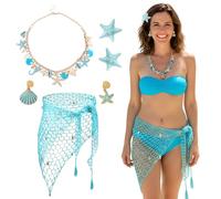 Merrmaid Costume Accessories for Women, 5 Pcs Blue Merrmaid Accessory Set with Boho Seashell Necklace, Crochet Fishnet Skirt, Starfish Hair Clips Earrings for Summer Beach Tropical Dress Up Supplies
