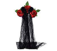 Merroyal Day of the Dead Headpiece Rose Floral Crown Halloween Costume Mexican Headband with Veil (Green Leaf Red and Black Rose Flower)