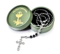 Merroyal Glass Pearl First Communion Rosary with Chalice Centerpiece and Ornate Crucifix, Boys and Girls, Includes Holy Cup Metal Gift Box and Satin Drawstring Bag, 18.5 Inches, Glass Pearl, glass