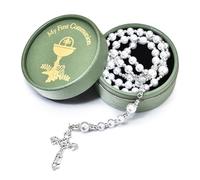 Merroyal Glass Pearl First Communion Rosary with Chalice Centerpiece and Ornate Crucifix, Boys and Girls, Includes Holy Cup Metal Gift Box and Satin Drawstring Bag, 18.5 Inches, Glass Pearl, glass