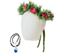 Merroyal Hawaiian Princess Costume Set, Floral Garland Headband with Hot Pink Flowers, Adjustable Necklace, Handmade (Green and Hot Pink)