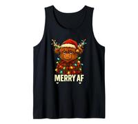 Merry AF Funny Grumpy Highland Cow Christmas Lights Holiday Tank Top