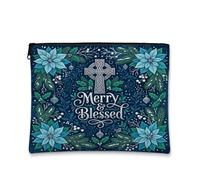 Merry And Blessed Religious Christmas Celtic Cross Makeup Bag 7x9 Inch | Poinsettia Floral Accents, Makeup Zipper Pouch, Spiritual Typography, Navy Winter Theme, Religious Home Decor