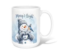 Merry And Bright Snow Man Illustration Winter Ceramic Coffee Mug 15oz | Watercolor Illustration, Tea Cup, Cozy Winter Theme, Heart Hand Gesture, Seasonal Beverage Decor, Charming Bird Accents