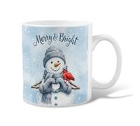 Merry And Bright Snow Man Quote Christmas Ceramic Coffee Mug 11oz | Watercolor Illustration, Tea Cup, Heart Hand Gesture, Red Bird Accents, Winter Cozy Vibe, Seasonal Kitchenware