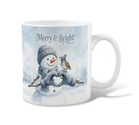 Merry And Bright Snow Man Watercolor Quote Ceramic Coffee Mug 11oz | Watercolor Winter Scene, Drinking Cup, Heart-shaped Mitten Gesture, Cozy Seasonal Aesthetic, Quail Companion