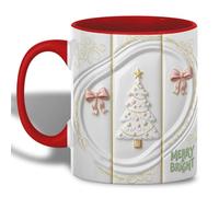 Merry & Bright Christmas with Pink Bows and White Tree Tea Cup Funny Coffee Mug Novelty Ceramic Drinkware for Cappuccino Beverages Hot Chocolate 330Ml