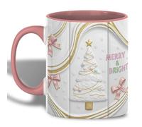 Merry & Bright White Christmas Tree with Pink Bows and Gold Accents Ceramic Drinkware Cute Mug Microwave Safe Tea Cup for Milk Latte Home 330Ml