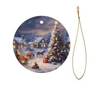 Merry Christmas-2 Christmas Ceramic Ornament - Double-Sided Uv Printed Round Hanging Decoration with Gold String for Tree