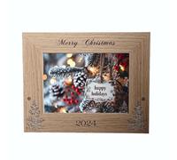 Merry Christmas 2024 Photo Frame Wooden Frame To Fit Photo Size 5 x 7" or 4 x 6" Christmas Frame Gift Family Memories Family Christmas Oak Frame (7 x 5" - Landscape)