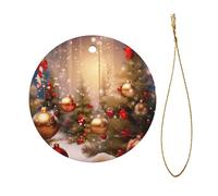 Merry Christmas-5 Christmas Ceramic Ornament - Double-Sided Uv Printed Round Hanging Decoration with Gold String for Tree