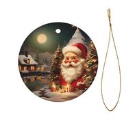 Merry Christmas-6 Christmas Ceramic Ornament - Double-Sided Uv Printed Round Hanging Decoration with Gold String for Tree