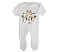 Merry Christmas and a Happy New Year Baby Romper Jumpsuit with feet, 0-3 Months, White