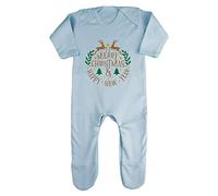 Merry Christmas and a Happy New Year Baby Romper Jumpsuit with feet, 3-6 Months, Pastel Blue