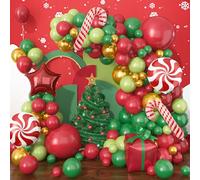 Merry Christmas Arch - 123 Pc Red, White, Green Balloon Kit with Christmas Gifts, Cane, Windmill, Red Star Shape Foil Balloons, Metallic Gold for Party Decorations