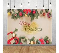 Merry Christmas Backdrop for Photography 10x8ft Green Pine Branches Gold Baubles Gifts Photo Backdrop for Family Christmas Holiday Party Banner Decoration Studio Photo Booth Props
