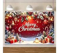 Merry Christmas Backdrop Winter Holiday New Year Wall Banner 3.5x2.5m | Candy Cane Snowflake Xmas Ball Holiday Backgrounds Red Flower Fir Branches Festive Banners Wallpaper for Family Office