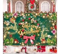 Merry Christmas Banner Backdrop, Large Fabric Christmas Banner Background Sign Outside Decor, Green Elk Garland Xmas Banner Backdrop Photo Props for Christmas Wall Party New Year Winter Decorations