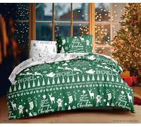Merry Christmas Bedding Single Duvet Cover Set Green Reversible - Noel Festive Xmas Bedding Set for Adults & Kids - Soft & Easy Care (GREEN, Single)