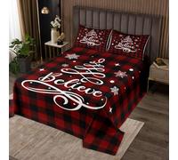 Merry Christmas Bedspread Set Double Size for Kids,Boys Girls Geometric Grid Stripes Quilt Set Red Black Bedspread Coverlet Xmas Theme Bedspread 3 Piece Decorative Bedding Quilted with 2 Pillow Shams