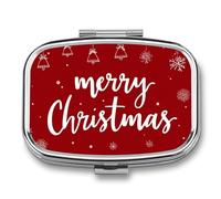 Merry Christmas Bells Snowflakes on Red Pill Box 2 Compartment Portable Medicine Pill Case Travel Pill Organizer for Pocket Purse