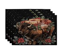 Merry Christmas Bisons Linen Placemats Set of 6, 12''x18'', Vintage Fun Animal Xmas 6Pcs Print Table Mats for Dinning, Holiday Wildlife Holiday Home Kitchen Decor