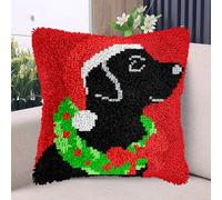 Merry Christmas Black Labrador Dog DIY Latch Hook Kits Pillow with Printed Canvas Handmade Cushion Crochet Yarn Embroidery Hook and Latch Kit Pillowcase Christmas Decoration 43x43cm